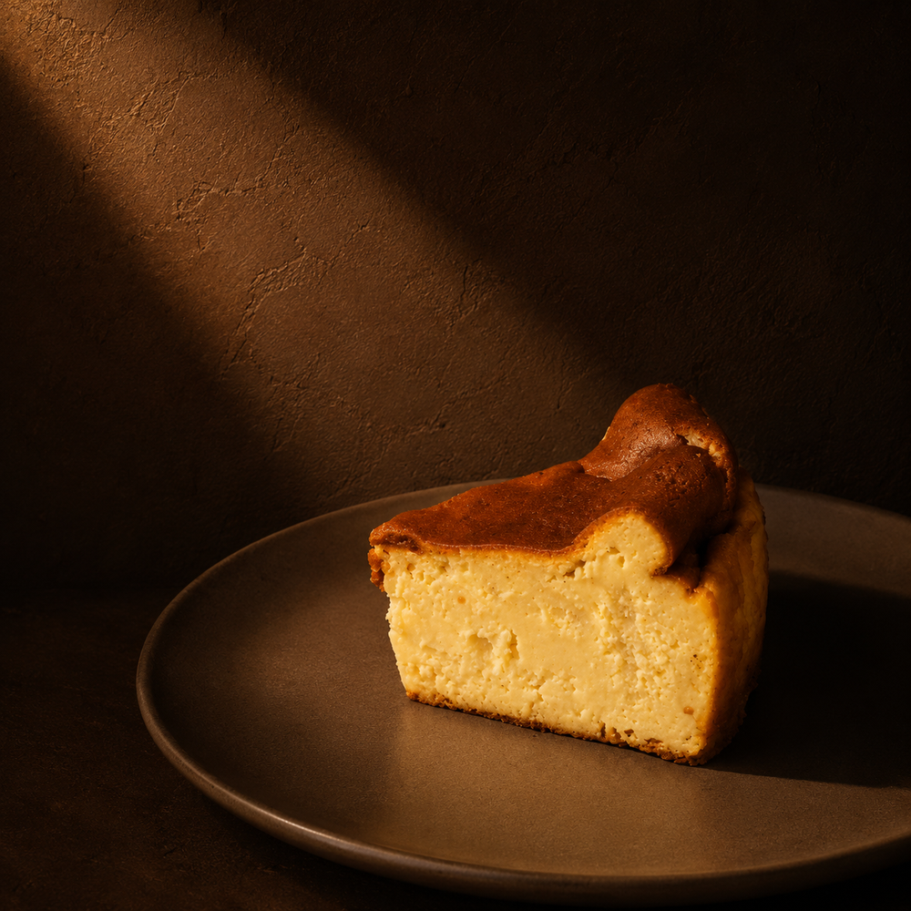 Burnt Basque cheesecake slice on a stoneware plate — crmb.