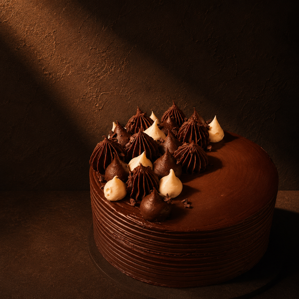 Ember chocolate salted caramel cake, ganache-glazed with piped kisses — crmb.